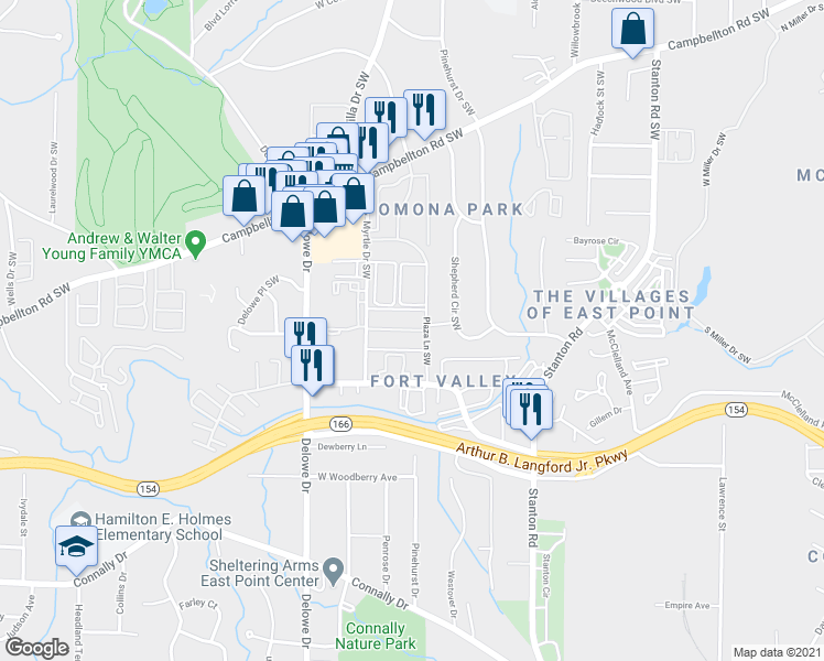 map of restaurants, bars, coffee shops, grocery stores, and more near 1895 Plaza Lane Southwest in Atlanta