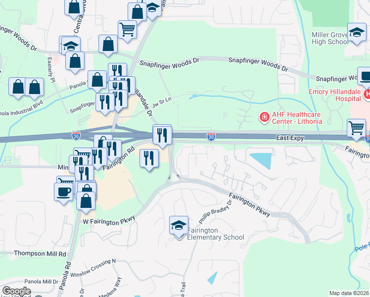 map of restaurants, bars, coffee shops, grocery stores, and more near 21 Rue Fontaine in Stonecrest