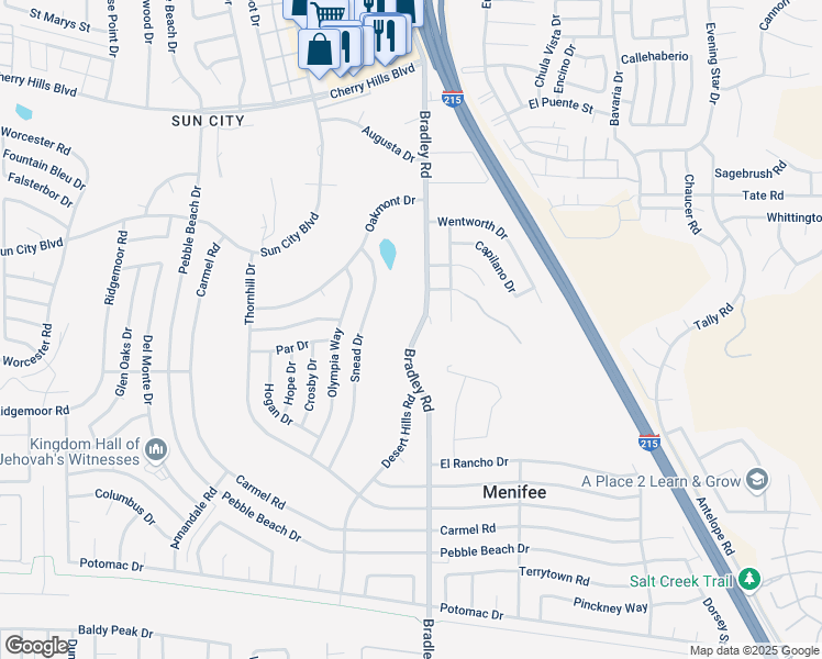 map of restaurants, bars, coffee shops, grocery stores, and more near 28819 Bradley Road in Menifee