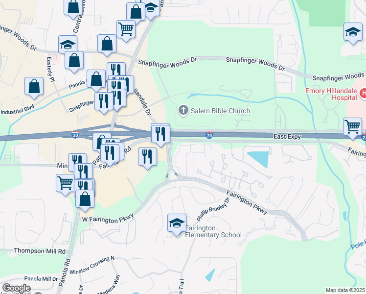 map of restaurants, bars, coffee shops, grocery stores, and more near 125 Rue Fontaine in Stonecrest