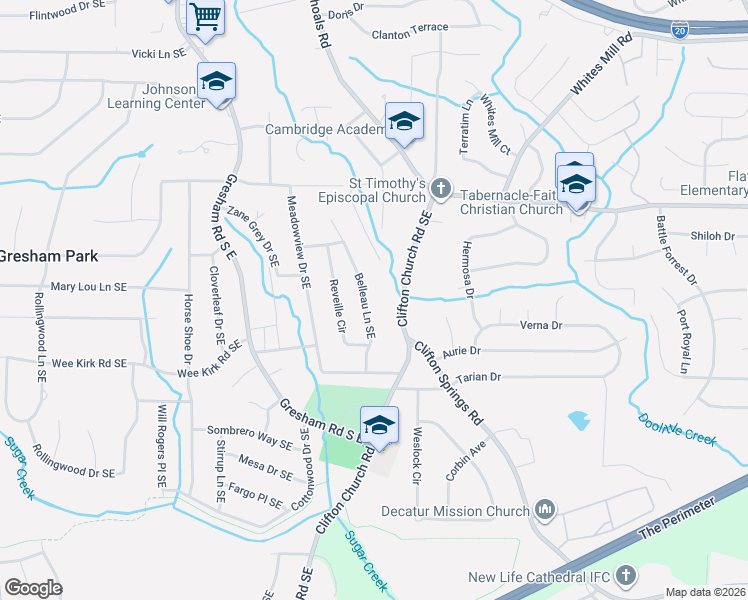map of restaurants, bars, coffee shops, grocery stores, and more near 2893 Clifton Church Road Southeast in Atlanta