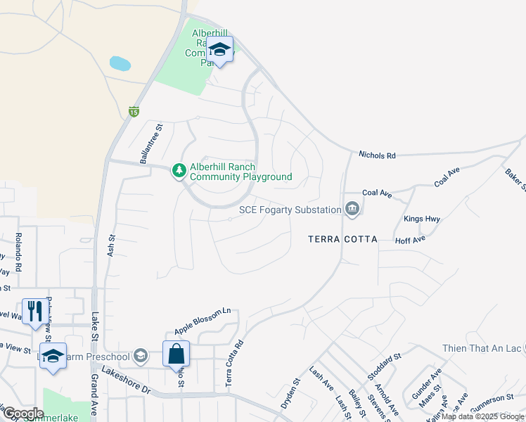 map of restaurants, bars, coffee shops, grocery stores, and more near 4164 Larchwood Lane in Lake Elsinore