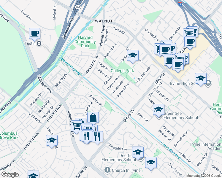 map of restaurants, bars, coffee shops, grocery stores, and more near 14922 Yucca Avenue in Irvine