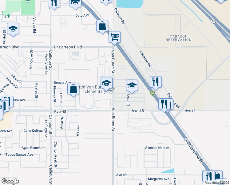 map of restaurants, bars, coffee shops, grocery stores, and more near 47714 Van Buren Street in Indio
