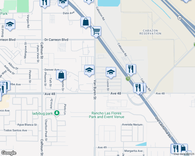 map of restaurants, bars, coffee shops, grocery stores, and more near 47714 Van Buren Street in Indio