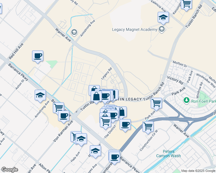map of restaurants, bars, coffee shops, grocery stores, and more near 16000 Legacy Road in Tustin