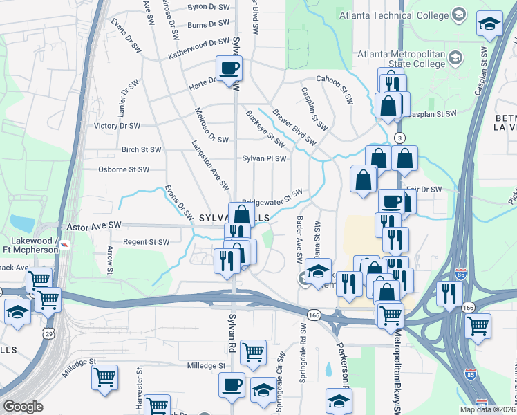 map of restaurants, bars, coffee shops, grocery stores, and more near 1950 Sylvan Circle Southwest in Atlanta