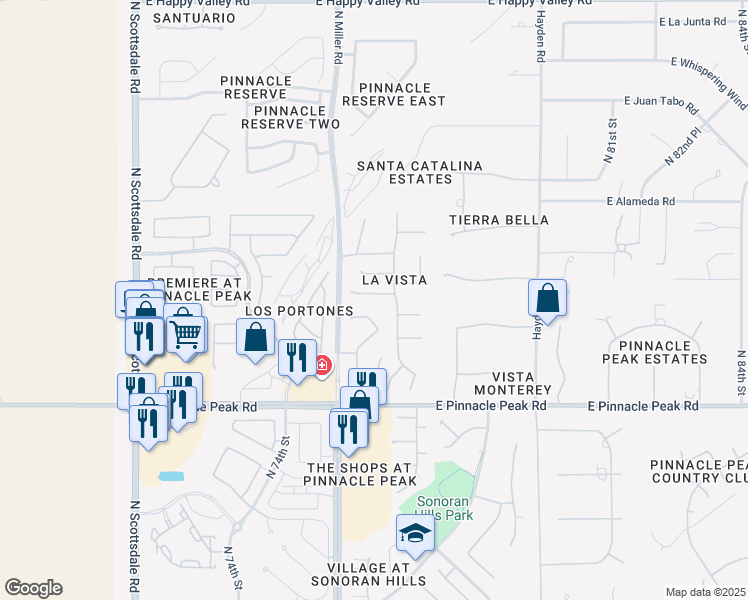 map of restaurants, bars, coffee shops, grocery stores, and more near 7655 East Starla Drive in Scottsdale