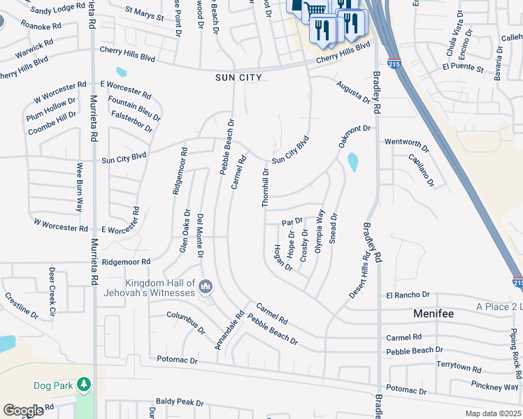 map of restaurants, bars, coffee shops, grocery stores, and more near 28797 Thornhill Drive in Menifee