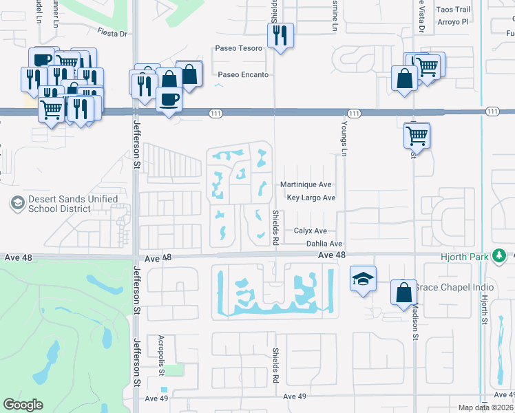 map of restaurants, bars, coffee shops, grocery stores, and more near 80394 Avenue 48 in Indio