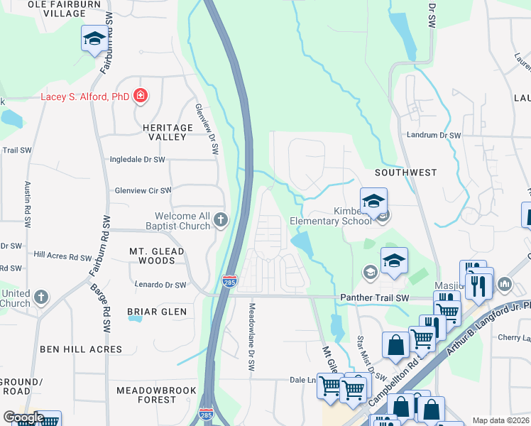 map of restaurants, bars, coffee shops, grocery stores, and more near 3330 Tiara Circle Southwest in Atlanta
