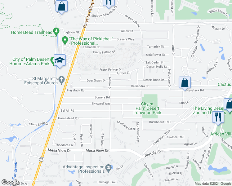 map of restaurants, bars, coffee shops, grocery stores, and more near 73037 Haystack Road in Palm Desert