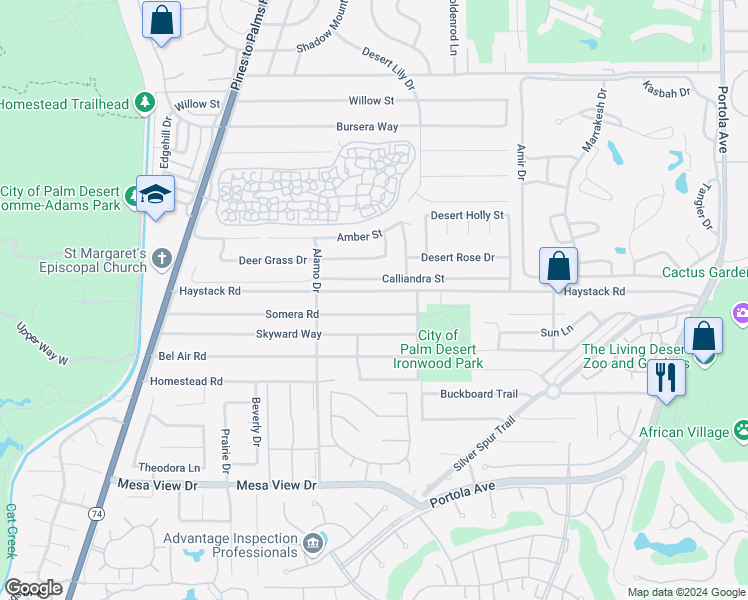 map of restaurants, bars, coffee shops, grocery stores, and more near 73117 Haystack Road in Palm Desert