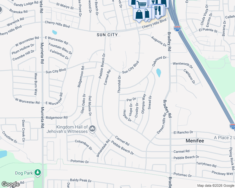 map of restaurants, bars, coffee shops, grocery stores, and more near 28797 Thornhill Drive in Menifee