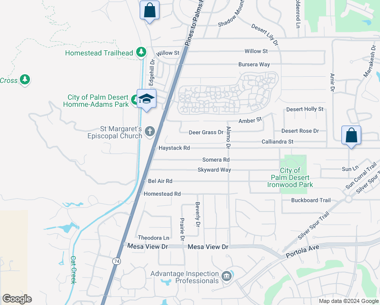 map of restaurants, bars, coffee shops, grocery stores, and more near 72827 Haystack Road in Palm Desert