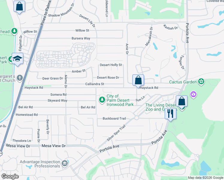 map of restaurants, bars, coffee shops, grocery stores, and more near 73337 Haystack Road in Palm Desert