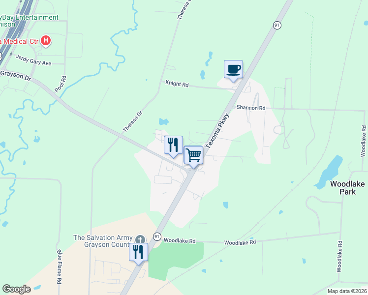 map of restaurants, bars, coffee shops, grocery stores, and more near 4830 Adobe Lane in Denison