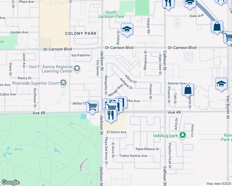 map of restaurants, bars, coffee shops, grocery stores, and more near 47686 Mirage Way in Indio