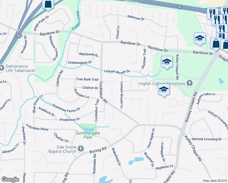 map of restaurants, bars, coffee shops, grocery stores, and more near 2860 Cocklebur Cove Court in Decatur