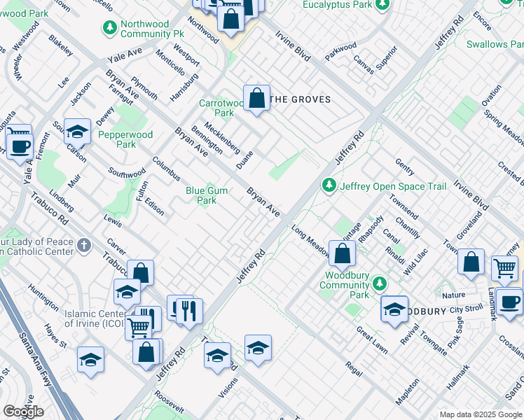 map of restaurants, bars, coffee shops, grocery stores, and more near 21 Hathaway in Irvine