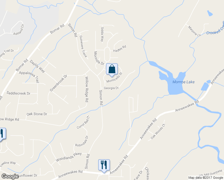 map of restaurants, bars, coffee shops, grocery stores, and more near 3855 Georgia Drive in Douglasville