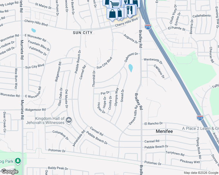map of restaurants, bars, coffee shops, grocery stores, and more near 26715 Saint Andrews Drive in Menifee
