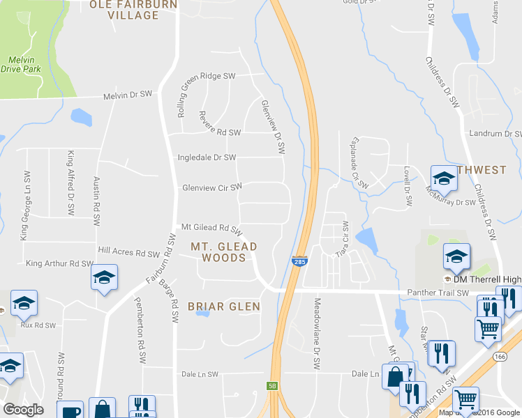 map of restaurants, bars, coffee shops, grocery stores, and more near 3442 Valley Ridge Terrace SW in Atlanta