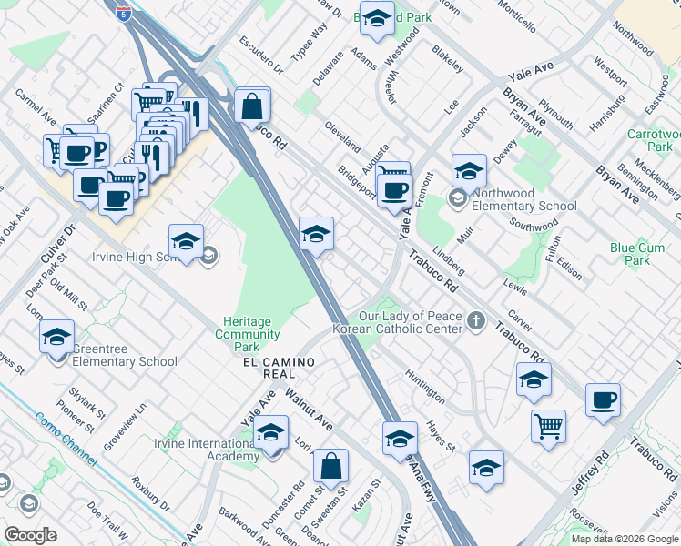map of restaurants, bars, coffee shops, grocery stores, and more near 146 Roosevelt in Irvine