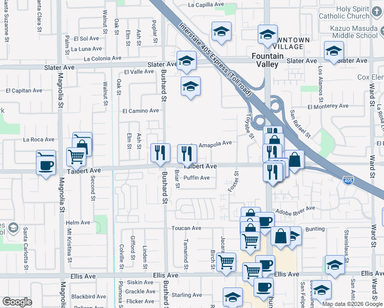 map of restaurants, bars, coffee shops, grocery stores, and more near 9669 Talbert Avenue in Fountain Valley