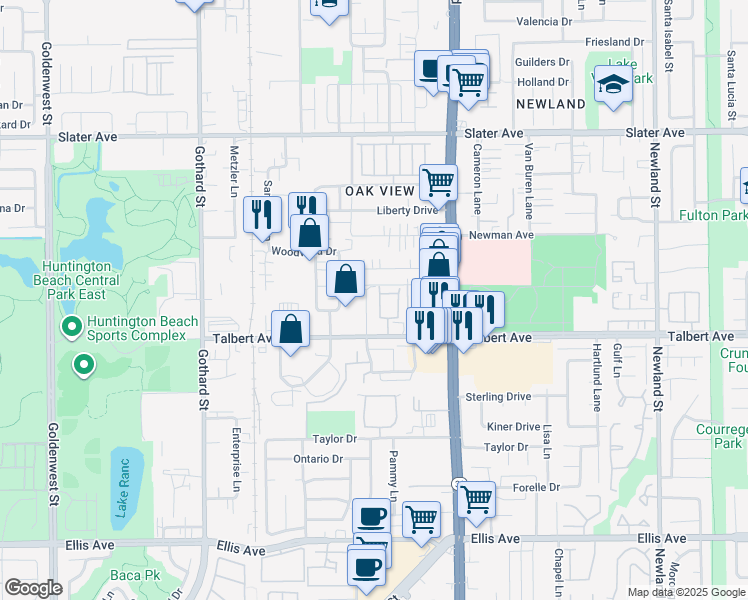 map of restaurants, bars, coffee shops, grocery stores, and more near 17951 Baron Circle in Huntington Beach