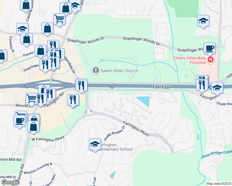map of restaurants, bars, coffee shops, grocery stores, and more near 80 Place Fontaine in Stonecrest