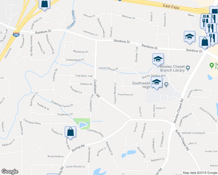 map of restaurants, bars, coffee shops, grocery stores, and more near 2860 Cocklebur Cove Court in Decatur