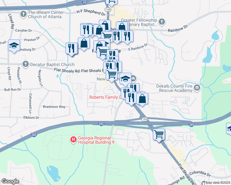 map of restaurants, bars, coffee shops, grocery stores, and more near 3615 Flat Shoals Road in Decatur