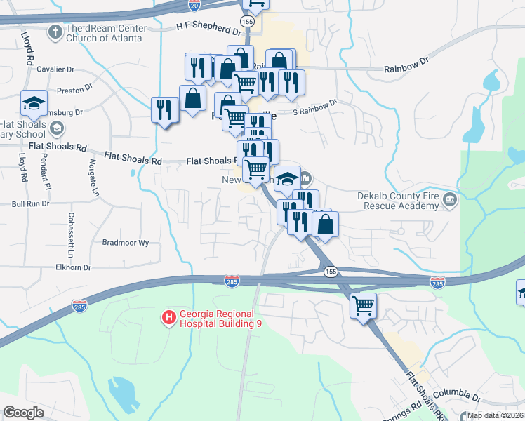 map of restaurants, bars, coffee shops, grocery stores, and more near 3615 Flat Shoals Road in Decatur