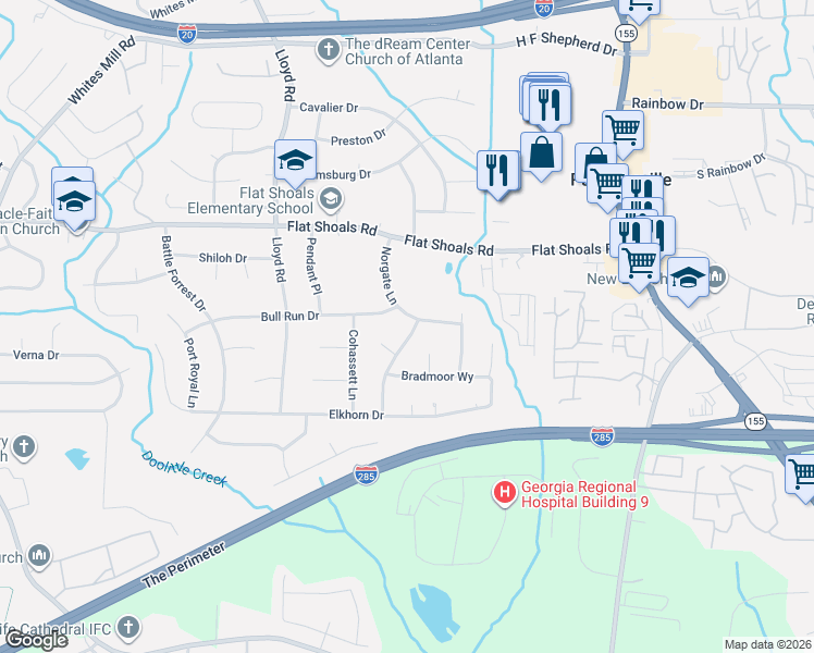 map of restaurants, bars, coffee shops, grocery stores, and more near 2887 Gwendon Terrace in Decatur