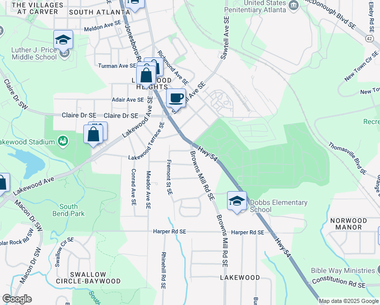 map of restaurants, bars, coffee shops, grocery stores, and more near Browns Mill Road Southeast in Atlanta