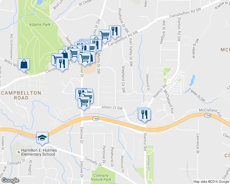 map of restaurants, bars, coffee shops, grocery stores, and more near 1890 Plaza Lane Southwest in Atlanta