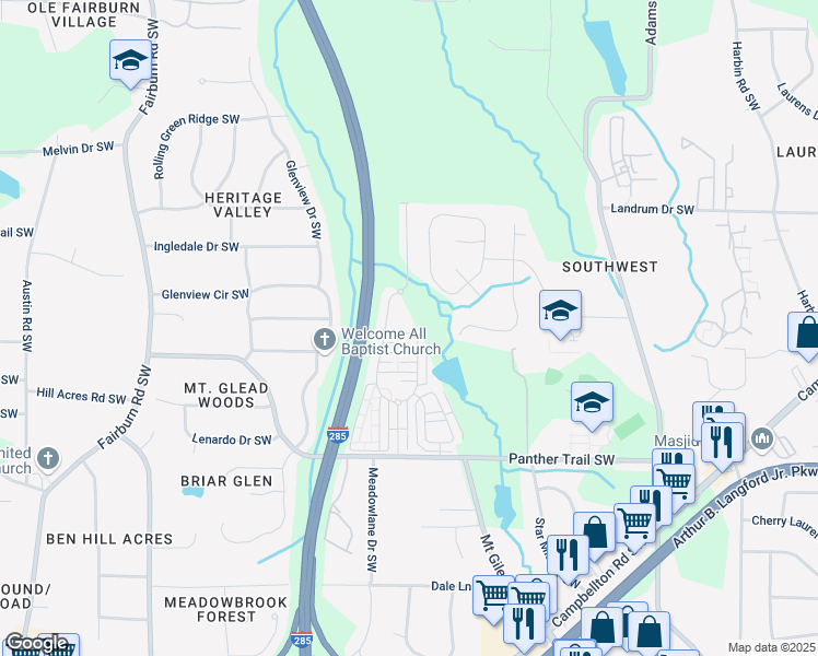 map of restaurants, bars, coffee shops, grocery stores, and more near 3314 Tiara Circle Southwest in Atlanta
