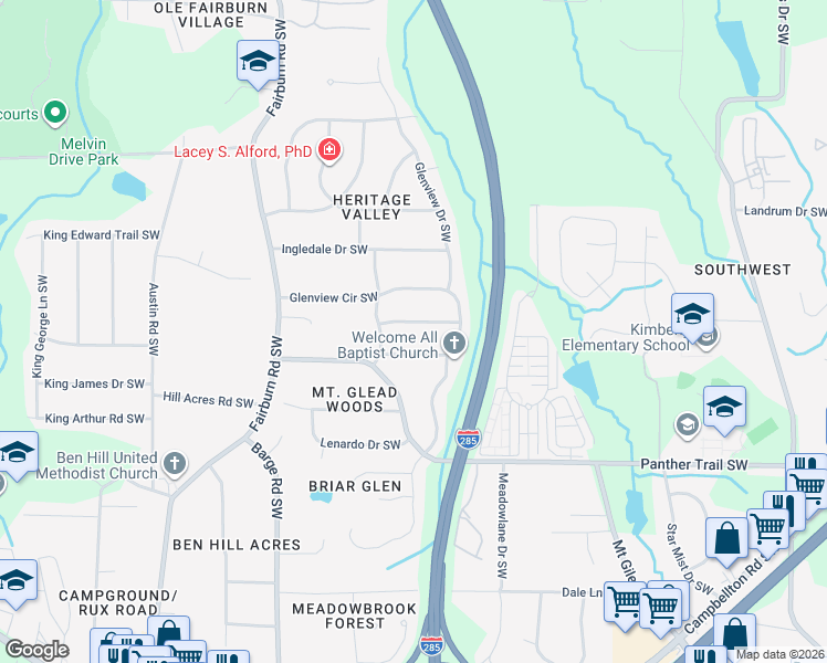 map of restaurants, bars, coffee shops, grocery stores, and more near 3442 Valley Ridge Terrace Southwest in Atlanta