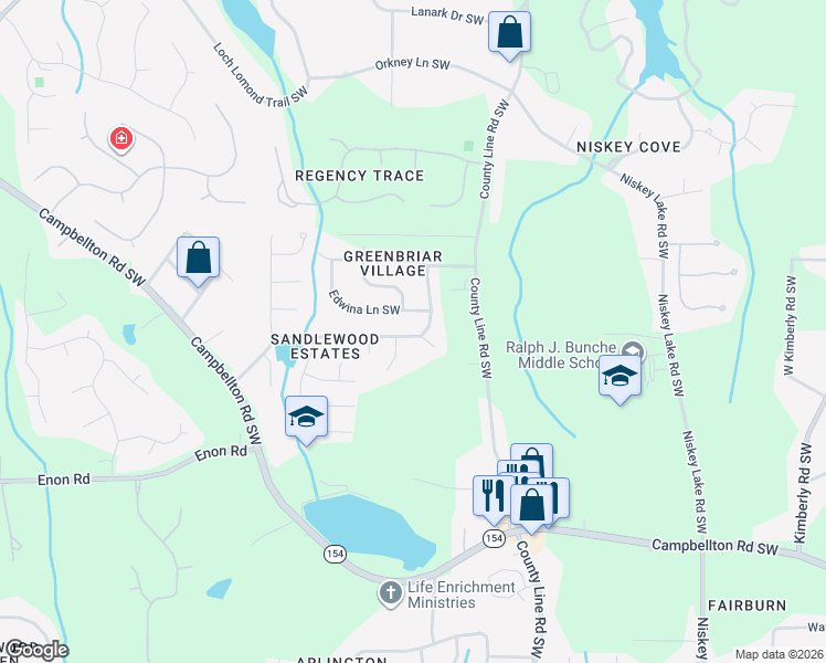 map of restaurants, bars, coffee shops, grocery stores, and more near 2346 Sandspring Drive Southwest in Atlanta
