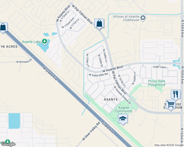 map of restaurants, bars, coffee shops, grocery stores, and more near 17009 West Sand Hills Road in Surprise