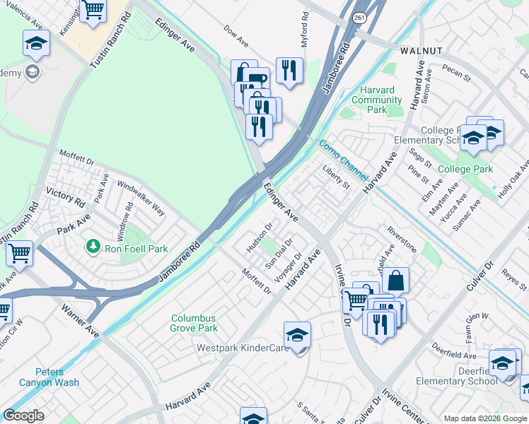 map of restaurants, bars, coffee shops, grocery stores, and more near 403 Hudson Drive in Tustin