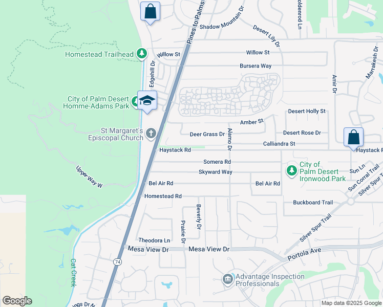 map of restaurants, bars, coffee shops, grocery stores, and more near 72827 Haystack Road in Palm Desert