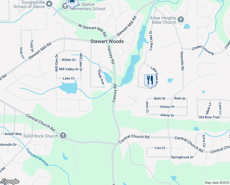 map of restaurants, bars, coffee shops, grocery stores, and more near Yancey Road in Douglasville