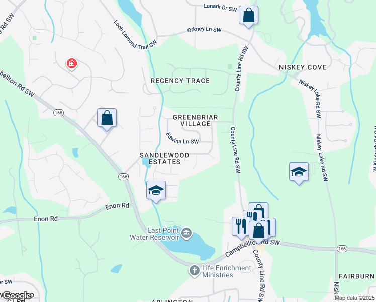 map of restaurants, bars, coffee shops, grocery stores, and more near 2332 Sandspring Drive Southwest in Atlanta