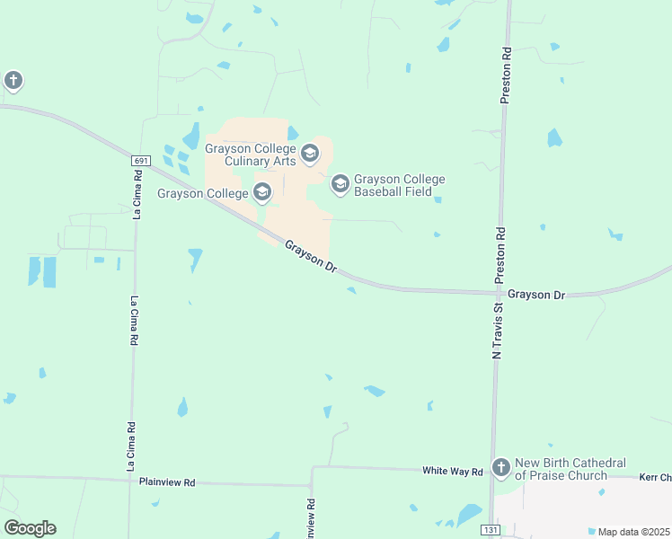 map of restaurants, bars, coffee shops, grocery stores, and more near 6101 Farm to Market Road 691 in Denison