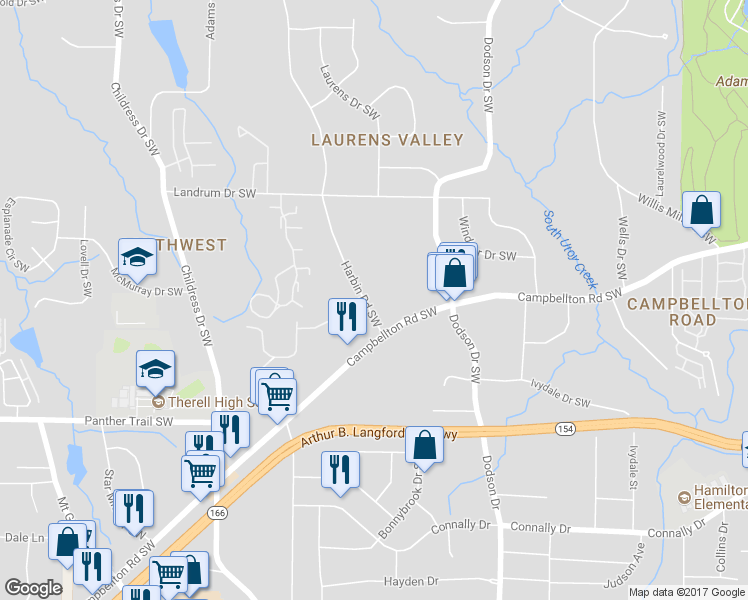 map of restaurants, bars, coffee shops, grocery stores, and more near 1940 Harbin Rd SW in Atlanta
