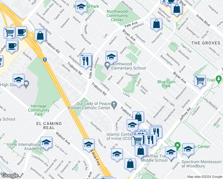 map of restaurants, bars, coffee shops, grocery stores, and more near 1 Earhart in Irvine