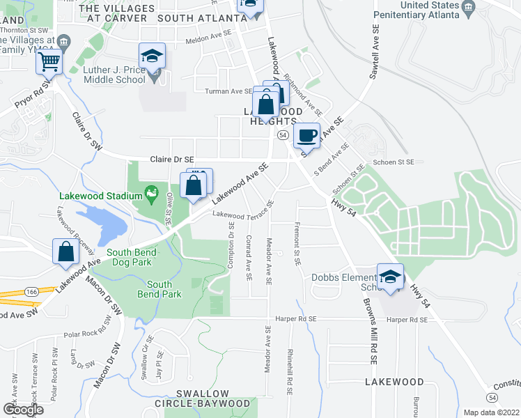 map of restaurants, bars, coffee shops, grocery stores, and more near 1887 Lakewood Terrace Southeast in Atlanta