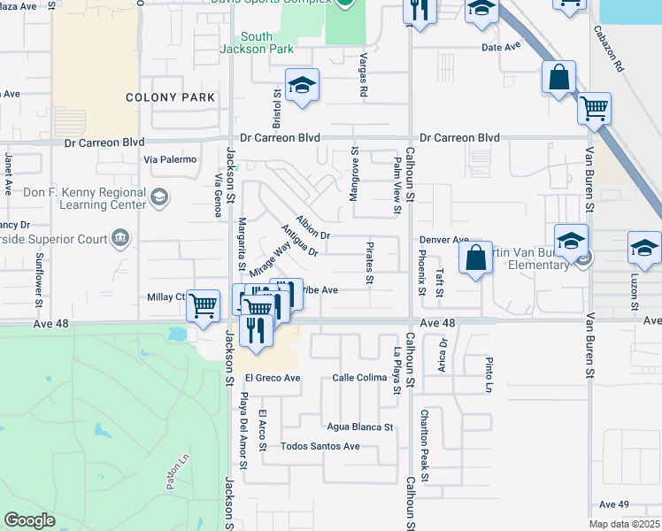 map of restaurants, bars, coffee shops, grocery stores, and more near 83277 Mango Walk in Indio